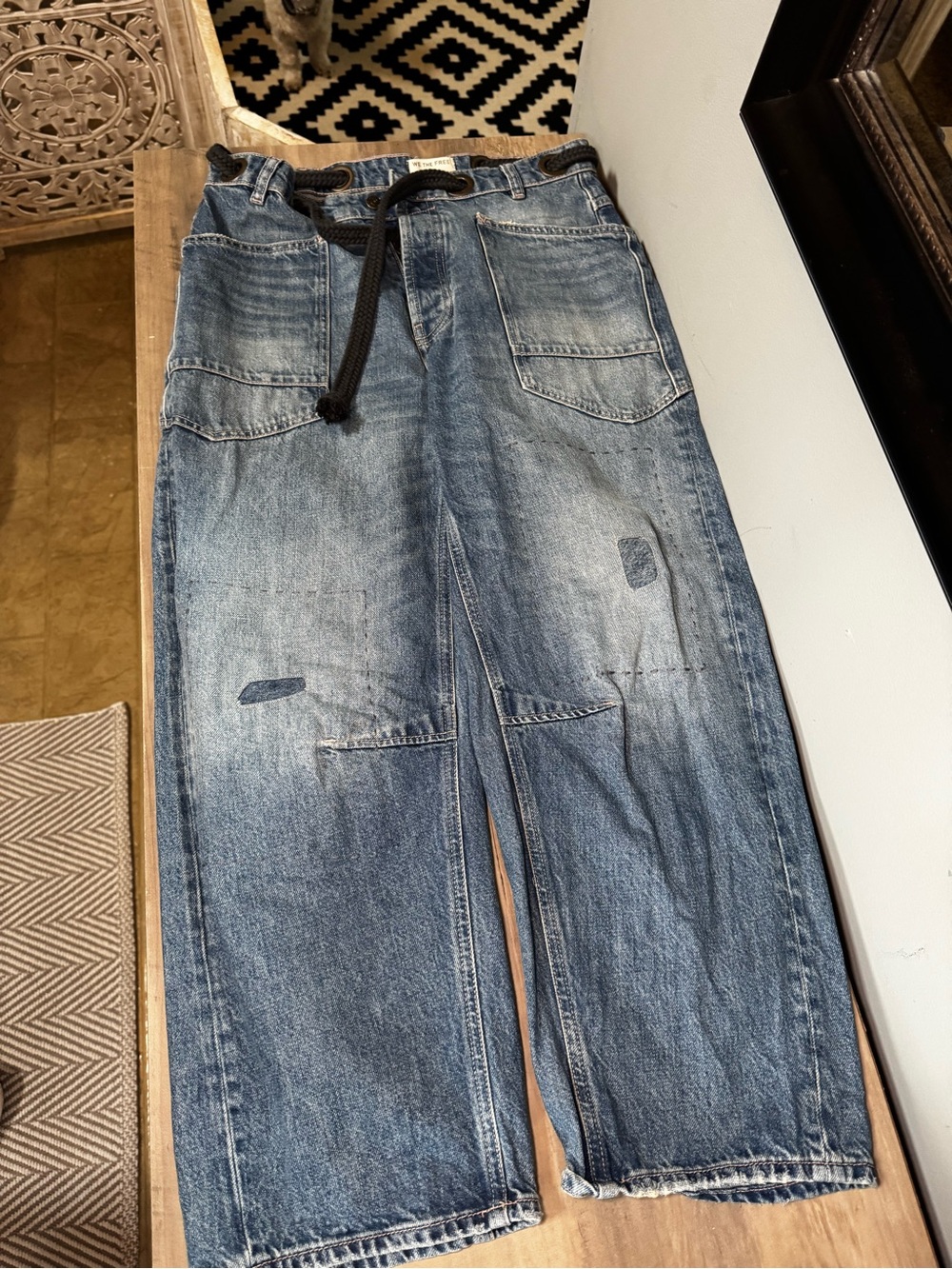 We The Free Moxie Barrel Jeans Blue Relaxed Patchwork Drawstring Jeans - Picture 3 of 8